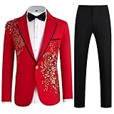 Mens Suits Slim Fit 2 Piece Floral Tuxedo Suits Blazer Pants with Bow Tie for Wedding Prom