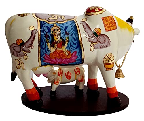 Purpledip Resin Idol Kamdhenu Wish Cow & Calf: Hindu Godess Lakshmi Mahalaxmi Painted Good Luck Statue (10103E) - Image 4
