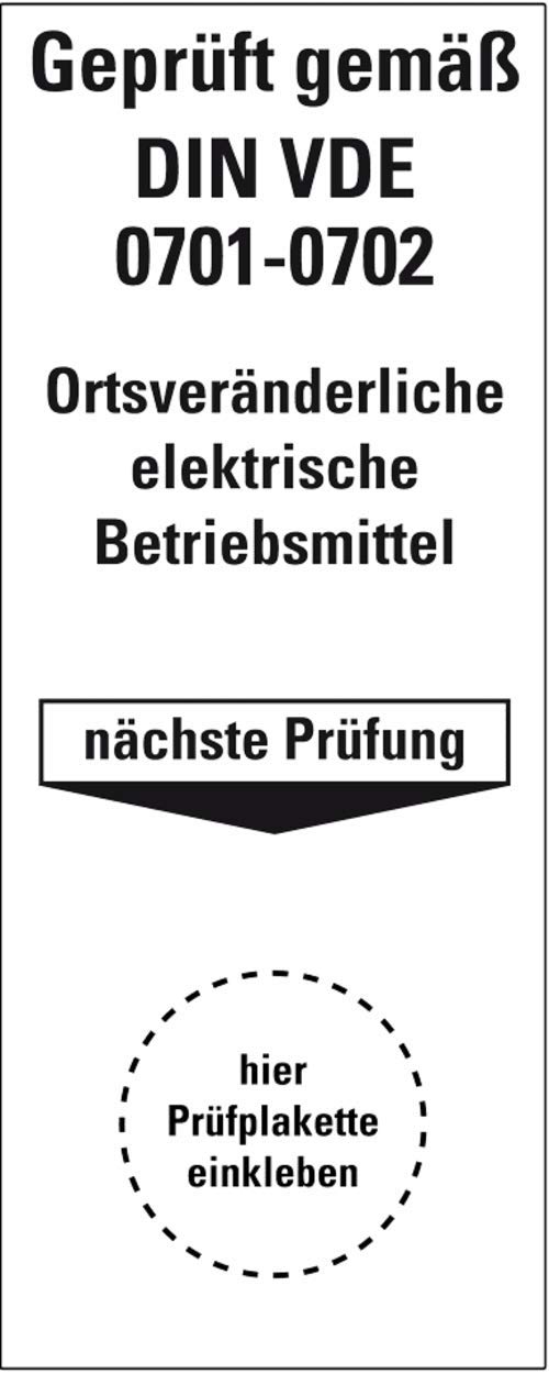 Prüfetikett Plakette "Geprüft gemäß DIN VDE 0701-0702 Ortsveränderliche elektrische Betriebsmittel" | Etikett Folie Aufkleber 100x40mm Made in Germany, Größe: 100 Stück