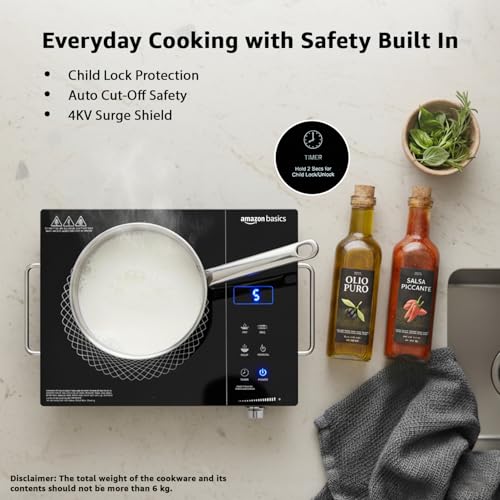 Image of Amazon Basics 2200W Infrared Cooktop | 4 Pre-Set Cooking Menus | LED Digital Display | Touch Panel I Energy Efficient, Auto Cut-off & 4KV Surge Protection I Smart Pan Sensor I Black