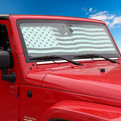 Windshield Sunshade Car Sun Shade Heat Shield JK Custom-fit Sunshade Sun Visor Mat for 1997-2017 Jeep Wrangler Rubicon Sahara TJ JK JKU 2/4 Doors USA Flag - Thumbnail 3
