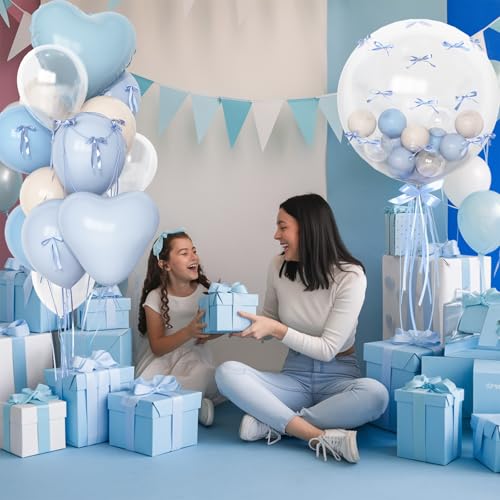 Image of Baby Light Blue Cream Balloons Party Decorations, 20 Inch Bobo Pale Pastel Blue and White Sand Balloons Heart Mylar Shape Balloon, OH Baby Shower Foil Balloon as Boys Girls Birthday Decor