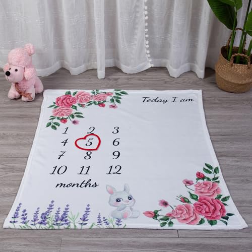 Image of vmaisi Baby Milestone Blanket Gifts for Girl - Newborn Monthly Year Infant Growth Blankets Nursery Swaddling Blankets (Flowers, Single Printed)