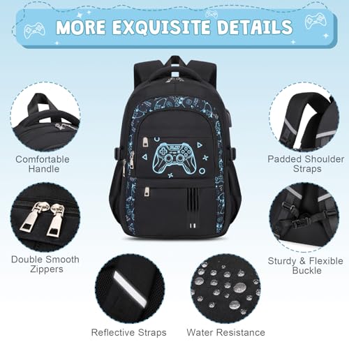 Image of ACESAK 4PCS Boys Backpack with Wired Headphones, Lunch Bag & Pencil Case | Lightweight School Backpack with 3.5mm Wired Headphones for School Kids Children Kindergarten Elementary, Black Game