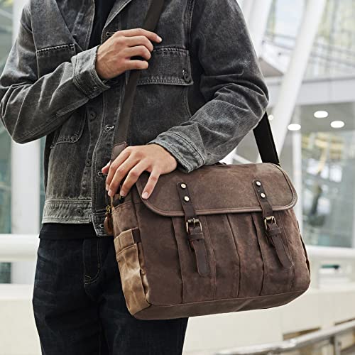 Neriion Messenger Bag For Men 15.6 Inch Vintage Canvas Genuine Leather Briefcase For Men Laptop Bag Waterproof Computer Satchel Shoulder Bag (Brown) #TOP1