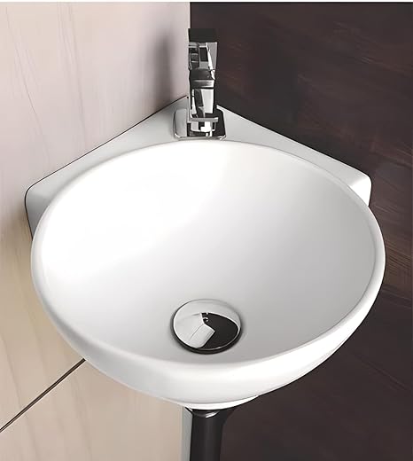 REMORISE Wall Mounted Wash Basin for Bathroom | Ceramic Wash Basin | Wall Hung Small Corner Wash Basin/Sink (16.3 x 13.8 x 4.3 Inch)