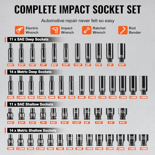 Image of VEVOR Impact Socket Set 1 /4 inch Drive, 55-Piece Deep & Shallow Socket Set Standard SAE (5 /32 to 9 /16 inch) & Metric (4 to 15 mm) Size, 6 Point, CR-V, Extension Bar, Universal Joint, Reducer