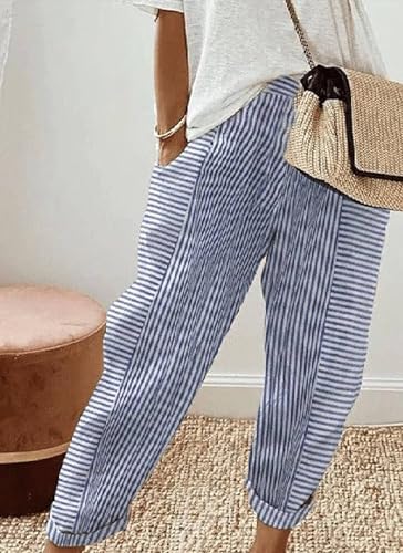 2025 Casual Wide Leg Blue Striped Print Home Pants Loose Sweatpants Casual Lounge Workout Daily Pants with Pockets3