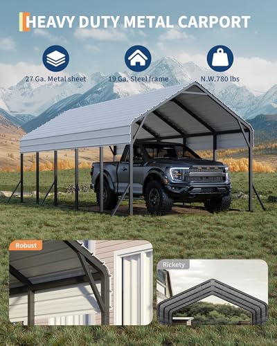 13'x26'x11' Oversized Metal Carport, Steel Heavy Duty Carport for All-Weather, Permanent Shelter for Boats, Pickup Trucks, and Tractors, N.W. 780 Lbs