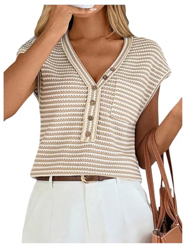 GORGLITTER Women's Striped Sweater Vest Cropped Cap Sleeve Button Up V Neck Knit Tank Tops Fall Outfits 20253