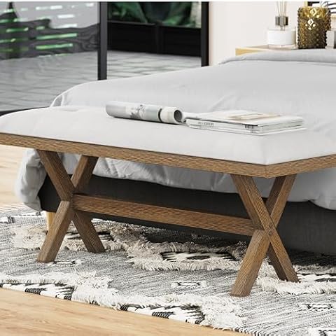DG Casa Alex Modern Traditional End of Bed Bench - Button Tufted Cream Upholstery with Solid Wood Walnut Frame - Perfect for Bedroom Accent Cover
