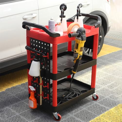Carrito de detalles de coche con ruedas, almacenamiento móvil en taller con ganchos laterales para limpieza automática, diseño resistente para una organización eficiente del lavado de autos