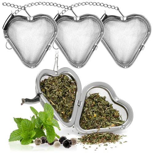 Wilhelm Sell® 4x Infusores de Té Acero Inoxidable - Bola con Forma de Corazón Ø 5,5 cm - Colador para Té, Hierbas & Especias con Cadena - Filtro Fino