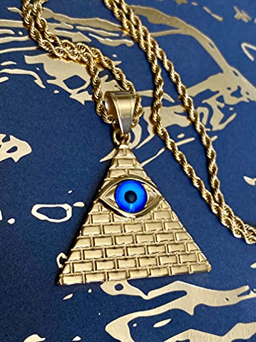 Egyptian Pyramid Necklace – 14k Gold Finish Triangle Evil Eye Pendant with 3mm Rope Chain, Stainless Steel Iced Jewelry for Men & Women3
