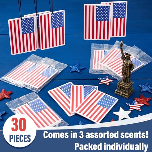 Image of Dunzy 30 Pcs Air Freshener American Flag Car Freshener Patriotic USA Flag Hanging Automotive 250 Year Anniversary Air Fresheners for Independence Day Auto Accessories, 3 Scents(Red Blue Style)