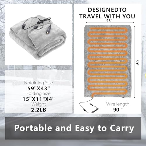 Sunny color Wearable Car Electric Blanket 12 Volt Heated Travel Blanket Plug in Heating Throw for Car Truck SUV Van with Controller 2 Heating Level Ideal for Camping, Traveling(41x55, Gray)