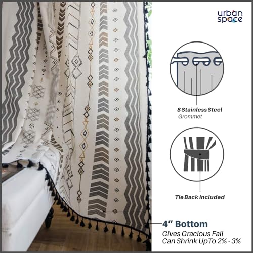 Image of Urban Space Boho Decorative Curtains for Window, 100% Cotton Curtain 5 Feet Long, Set of 1 Curtains with Tassels, 60-65% Room Darkening Curtain with Tieback and Eyelets (Boho Grey, 5 Feet)