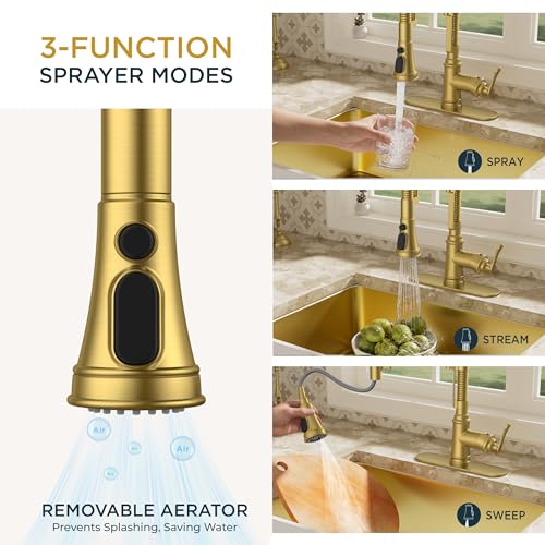 Image of FORIOUS Gold Kitchen Faucet with Pull Down Sprayer, Stainless Steel Single Handle Spring Antique Brass Kitchen Sink Faucet with Deck Plate for 1 or 3 holes, Sutiable for Farmhouse, RV, Camper, Wet Bar