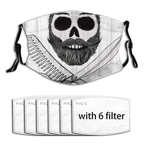 ALLMILL Hipster Schädel Mit Frisur Bart Und Schnurrbart Kamm Und Schere Gruselige Retro Staubwaschbarer wiederverwendbarer Filter und wiederverwendbarer Mund Warmes winddichtes Baumwollgesicht