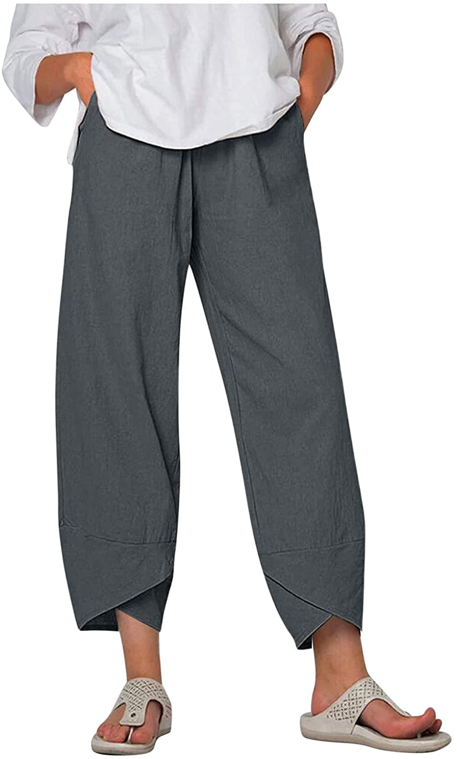 Summer Pants for Women Casual Pockets Cotton Linen Wide Leg Drawstring Elastic Waist Capris Crop Pants