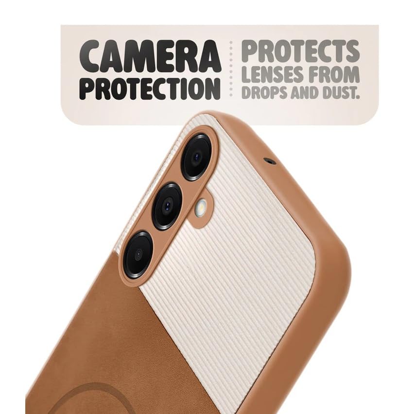 Image of Bintage CASE Mac Safe Design Hard Light Weight Back Case | Soft Border Camera Protect | Dual PU Leather Finish Back Cover Compatible for Samsung Galaxy F15 5G - White & Brown