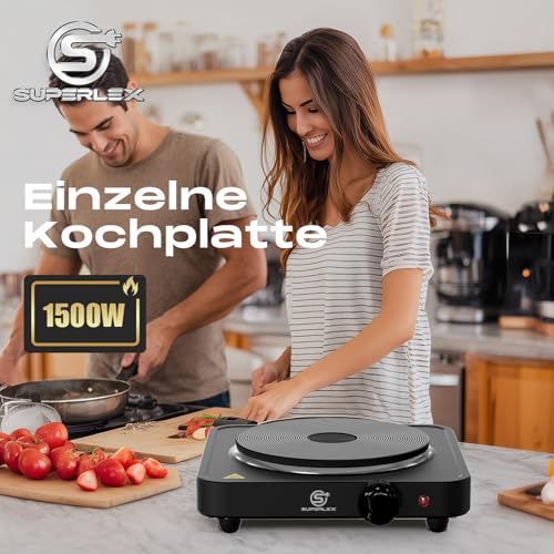 SUPERLEX Kochplatte Herdplatte 1 Kochfeld Elektrische Einzelkochplatte 1500W Mit Thermostat Und Überhitzungsschutz Kompakte Gusseisenplatte Für Camping Büro Zuhause Und Alle Kochgeschirrarten