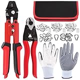 Hilitchi 84Pcs Up To 2.2mm Wire Rope Crimping Tool Kit, including Wire Rope Swager Crimper, 8' Cable Cutter with Aluminum Double Barrel Ferrule Crimping Loop, Thimble and Gloves (Black and Red)