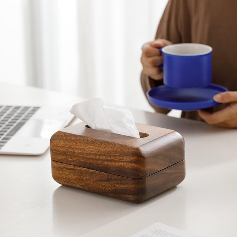 Wooden Tissue Box Holder, Natural Wood Grain Rectangular Tissue Dispenser with Storage