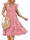 Caracilia Womens Summer Ruffle Sleeve V Neck Midi Dress Flowy Boho Casual A-Line Tiered Knee Length Beach Vacation Sundress Red Floral X-Large