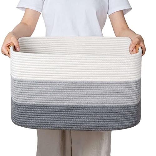 TeoKJ ランドリーバスケット 大容量50L コットンロープ手編み 手提げ付き 折りたたみ式 北欧風おしゃれ ナチュラルカラー 洗濯物・衣類整理用 省スペース収納かご 抗菌加工 (ホワイト+グレー, 72L)