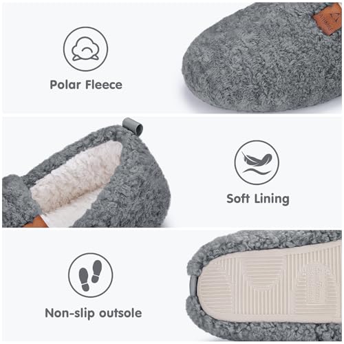 ATHMILE Fuzzy Slippers for Women House Slippers Memory Foam Curly Loafer with Polar Fleece Lining Indoor Outdoor Grey4