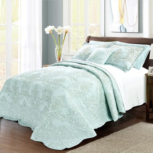 TRP French Country Style 4 Piece Pretty Embroidered Geometric Pattern Oversized Queen Bedspread | All Seasons Shabby Chic Bedding Sea Blue Green Color Designer Aesthetic Look Soft Plush Cozy Feel