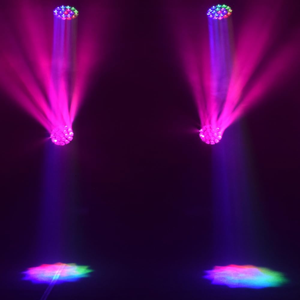 Two DJCLUB PRO-K15 lights projecting pink and purple beams onto a dark stage