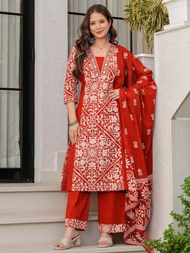 Image of Amayra Woman's Pure Cotton Straight Kurta Sets with Palazzos & Dupatta|Kurti Set for Woman|Suit Set for Women Cotton