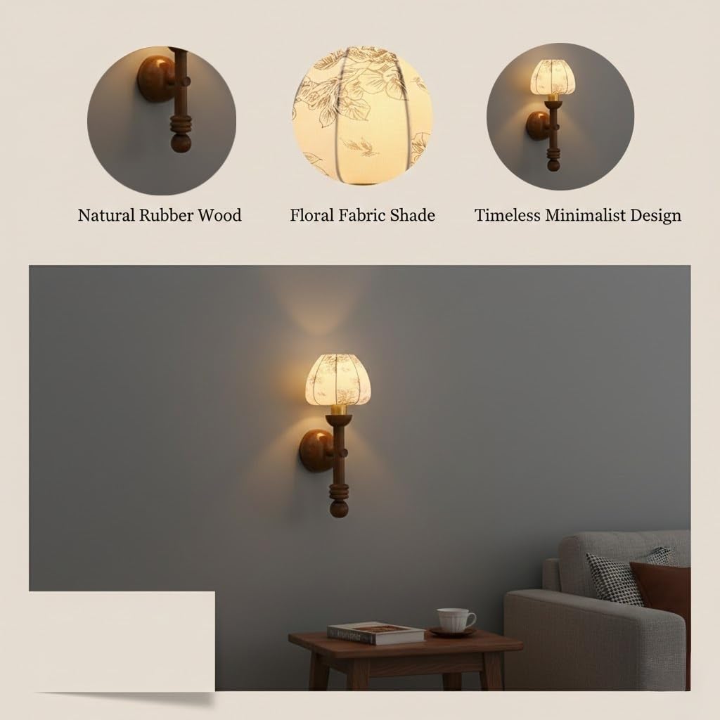 Wall Sconce, Rubber Wood Wall Lamp, Floral Fabric Wall Light for Bedroom, Bedside, Living Room, Hallway, Entryway, French Vintage Fixture, Apartment Loft Home, Corridor Nook Loft Parlor(Brown)
