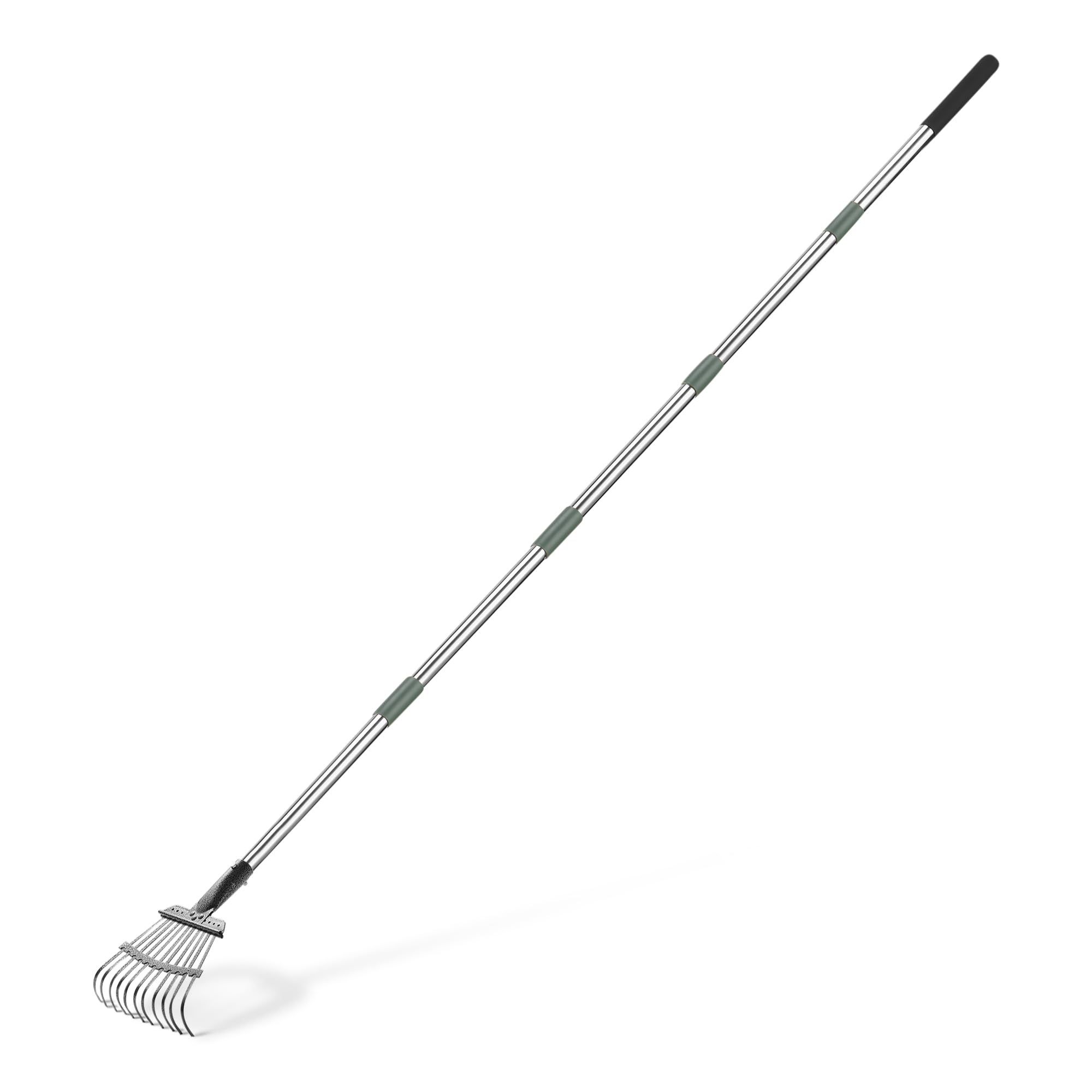 Amazon Basics Garden Rake, Leaf rake with 97.7-204.5cm Adjustable Steel Handle, Gardening tools for Leaves, Pine Needles, Debris, Olive/Black/Silver — image 1