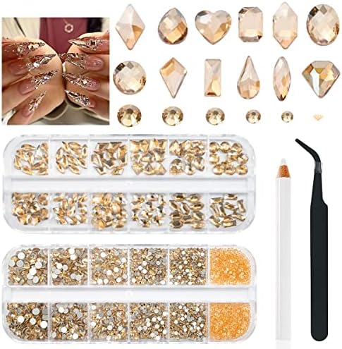 2630Pcs Champagne Gold Nail Rhinestones 120 Multi Shapes Crystal Flatback Rhinestones Gems +2510 Round Beads Glass Stones Diamonds jewels w Tweezer & Wax Pen for Nail DIY Face Eye Mackup Clothes Shoes