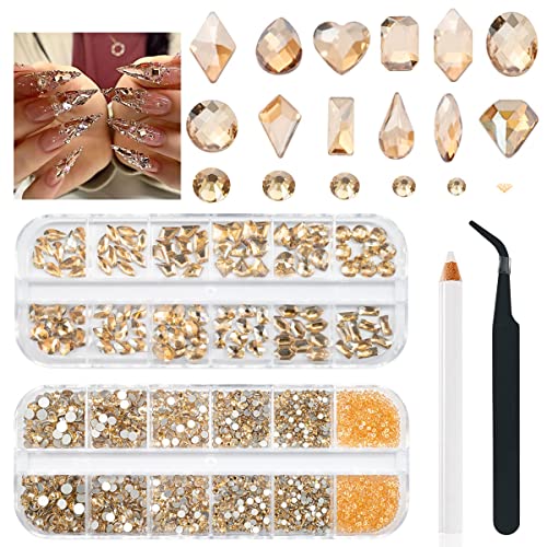 2630Pcs Champagne Gold Nail Rhinestones 120 Multi Shapes Crystal Flatback Rhinestones Gems +2510 Round Beads Glass Stones Diamonds Jewels W Tweezer & Wax Pen For Nail Diy Face Eye Mackup Clothes Shoes #TOP4