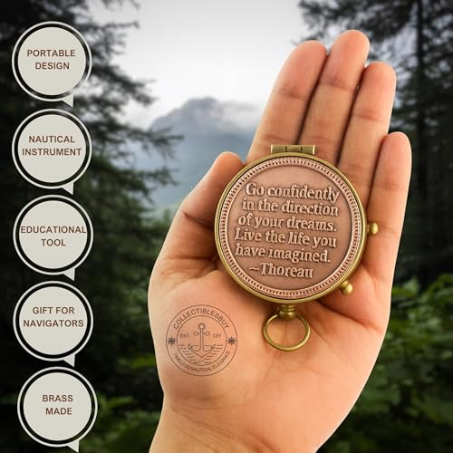 Brújula magnética de latón sólido con caja de madera estilo antiguo, decorativa náutica con dial de cobre grabado miniatura 2