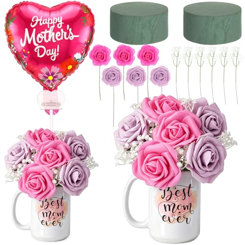 Hushee 17 Pcs Mother's Day Gift, 15oz Best Mom Ever Coffee Mug Artificial Rose Baby's Breath with Floral Foam and Happy Mother's Day Foil Balloons for Mom Grandma Birthday Gift Party Decoration