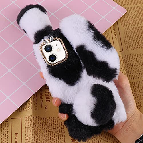 Black Fluffy Fur Plush Case For Iphone 12 Mini Cute Spotted Bunny Furry Girly Cover 3D Animal Fuzzy Protective Case Faux Rabbit Cony Hair Kawaii Kid Fun Women Phone Shell For Iphone 12 Mini #TOP5