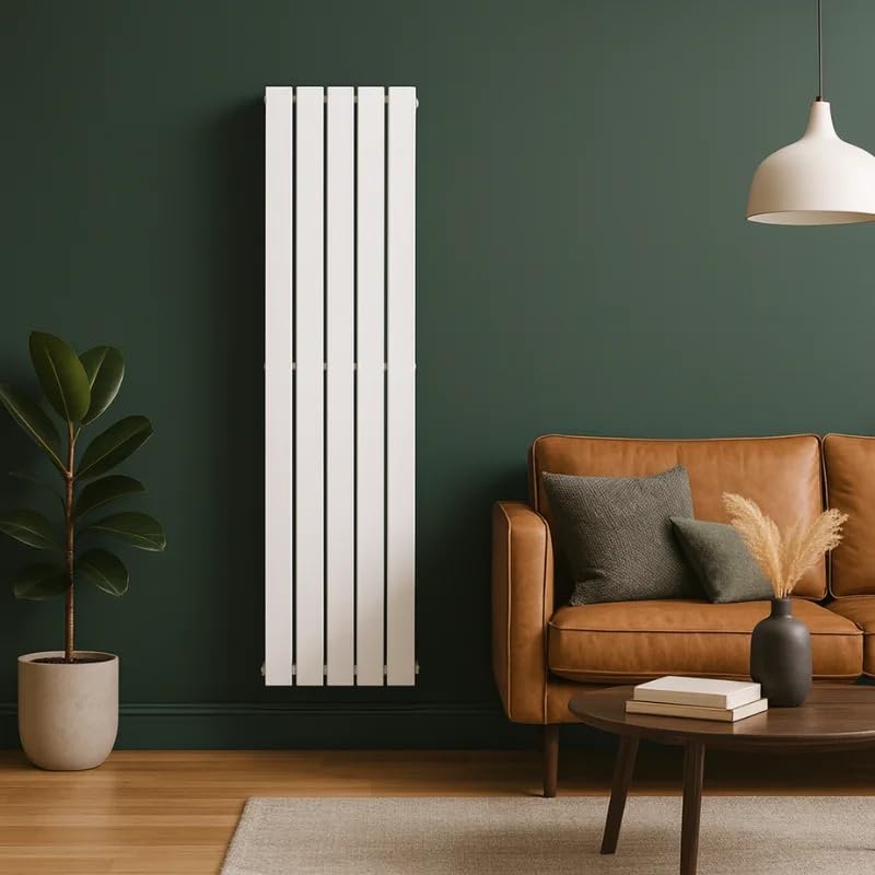 The Radiator Hub AURA Vertical Radiator 1800mm x 376mm White, 5 Flat Bar Single Flat Panel Radiator, Designer Central Heating Wall Mounted for Bathroom Kitchen Hallway Bedroom Living Room