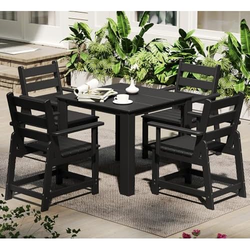 GREENVINES 5-Piece-Outdoor-Dining-Set | HDPE | Square | Patio Furniture | Table and Chairs Sets for 4 | All Weather | Removable Armrests | Umbrella Ho