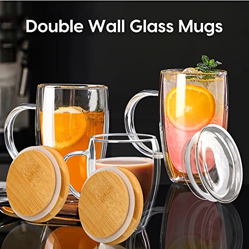 15 Oz Double Walled Glass Coffee Mugs, 2 Packs Clear Coffee Mugs With Lids Insulated Coffee Cups With Handle Perfect For Cappuccino,Tea,Milk ,Espresso,Latte, Hot Beverage Set Of 2 (Bamboo Lid, 15Oz) #TOP6