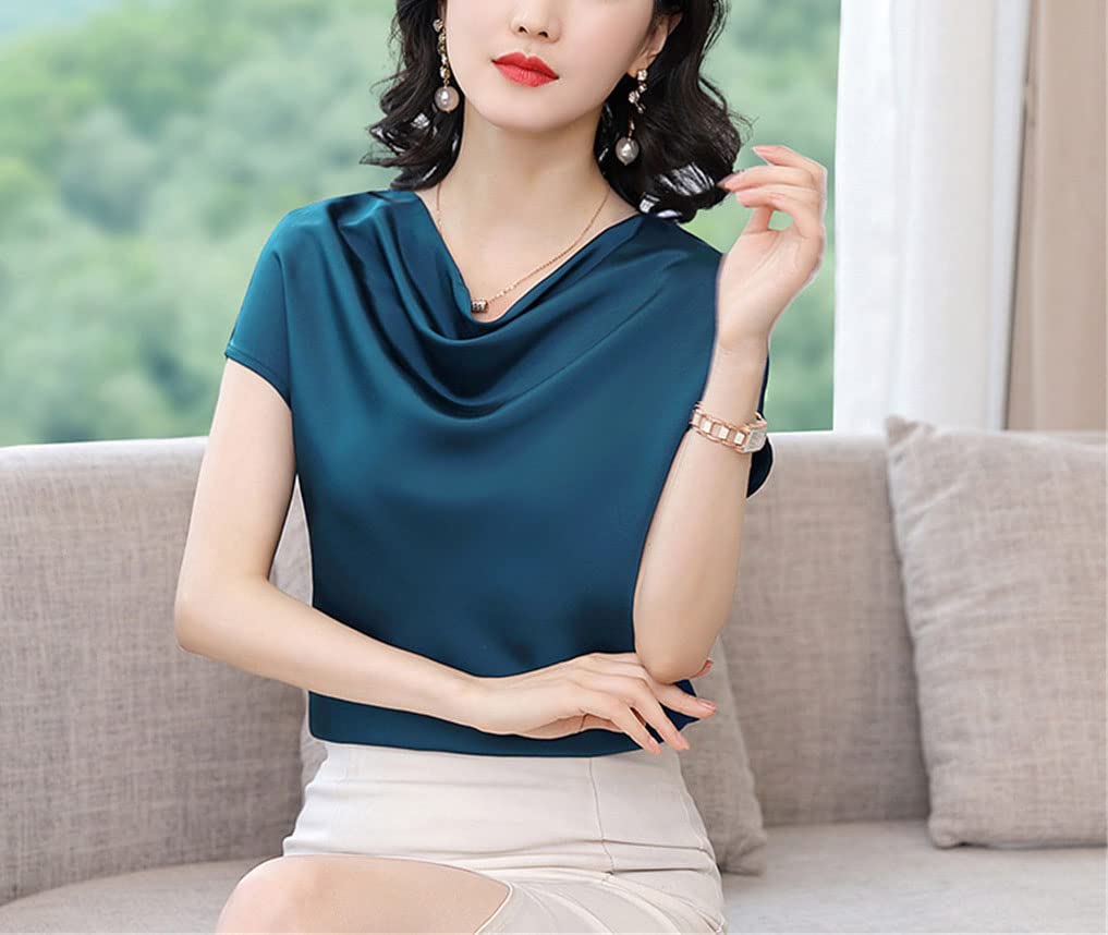 FULBHPRINT Chemisier tendance en satin pour femme - Haut d'été à manches courtes - Col à poils élégants