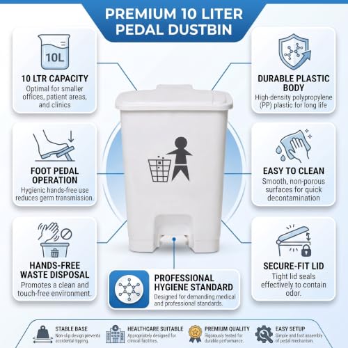 Image of AIR O MATIC BIOHAZARD Plastic Pedal dustbin 10 Liter (WHITE) 10 Liter White Waste Container with Foot Pedal for Hands-Free Operation