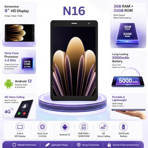 Image of IKALL N16 Tablet (8-Inch HD Display, 3GB RAM, 32GB ROM, 2.4Ghz Octa Core & Android 12, 4G Calling, 4000mAh Battery, 8MP Rear and 5MP Front Camera, Wi-Fi+Voice Calling, Blue)