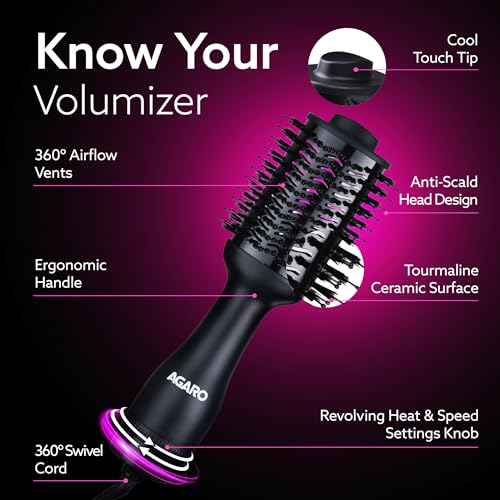 Image of AGARO HV2179 Hot Air Brush for Hair, Blow Dryer Brush, Volumizer & Styler, 360 Airflow Vent, Oval Barrel for Hair Volume, Charcoal Bristles, Ceramic Tourmaline Coating Brushing Head, 1200W, Black
