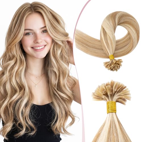 SEGO Extension Cheveux Naturel Keratine 35 cm Remy Extension Keratine Cheveux Naturel Humain Lisse 25 Mèch 25g #12/613 Marron Doré mix Blond Clair