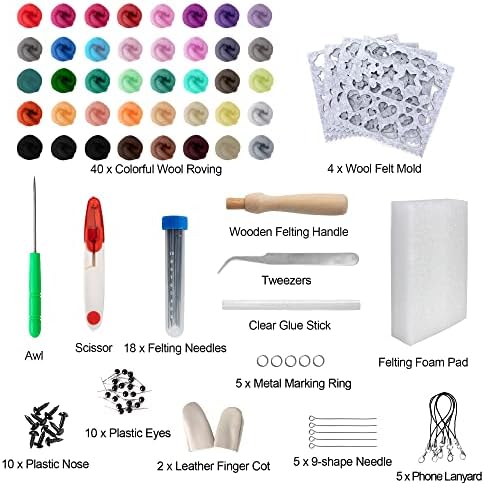 LoDrid Needle Felting Kit with 40 Colors Wool Roving (5g), DIY Needle Felting Supplies Storage Bag Felting Needles Craft Set, Portable Needle Felting Tools for Adult Kid, Grey (Patented Design)
